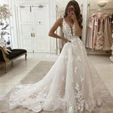 Floral Lace Rustic Wedding Dresses Boho Deep V-neck for Garden Weddings - MyChicDress
